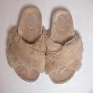 Fitory Open Toe Slipper With Cozy Lining, Faux Rabbit Fur Cork Slide - Size 8